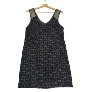 Free People Velvet Mini‎ Dress Black Floral Beaded Sleeves Size 6 Eyelet Flapper